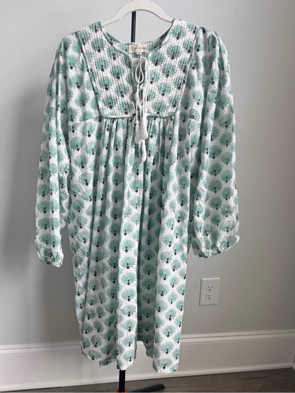 Jayshree Dalal Boho Block Print Cotton Tassel Tunic Dress Mint Green XL